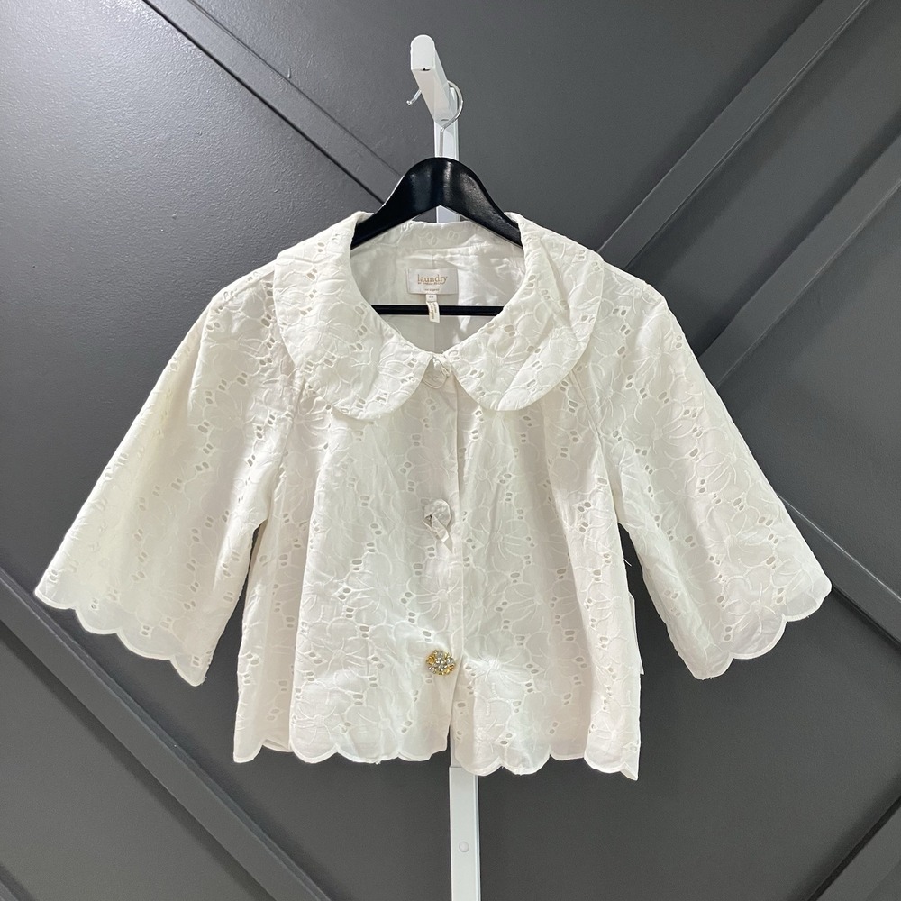 Laundry by Shelli Segal Ivory Eyelet Crop Jacket Peter Pan Collar NWT Size 10